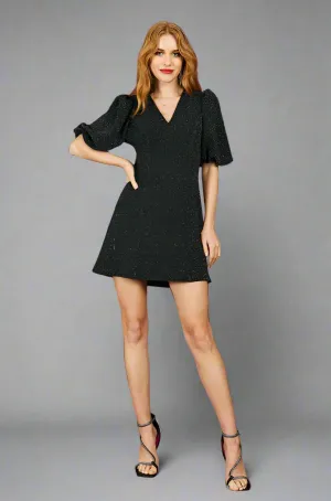 V Neck Puff Sleeve Stretch Mini Dress in Black Sparkle | Aila